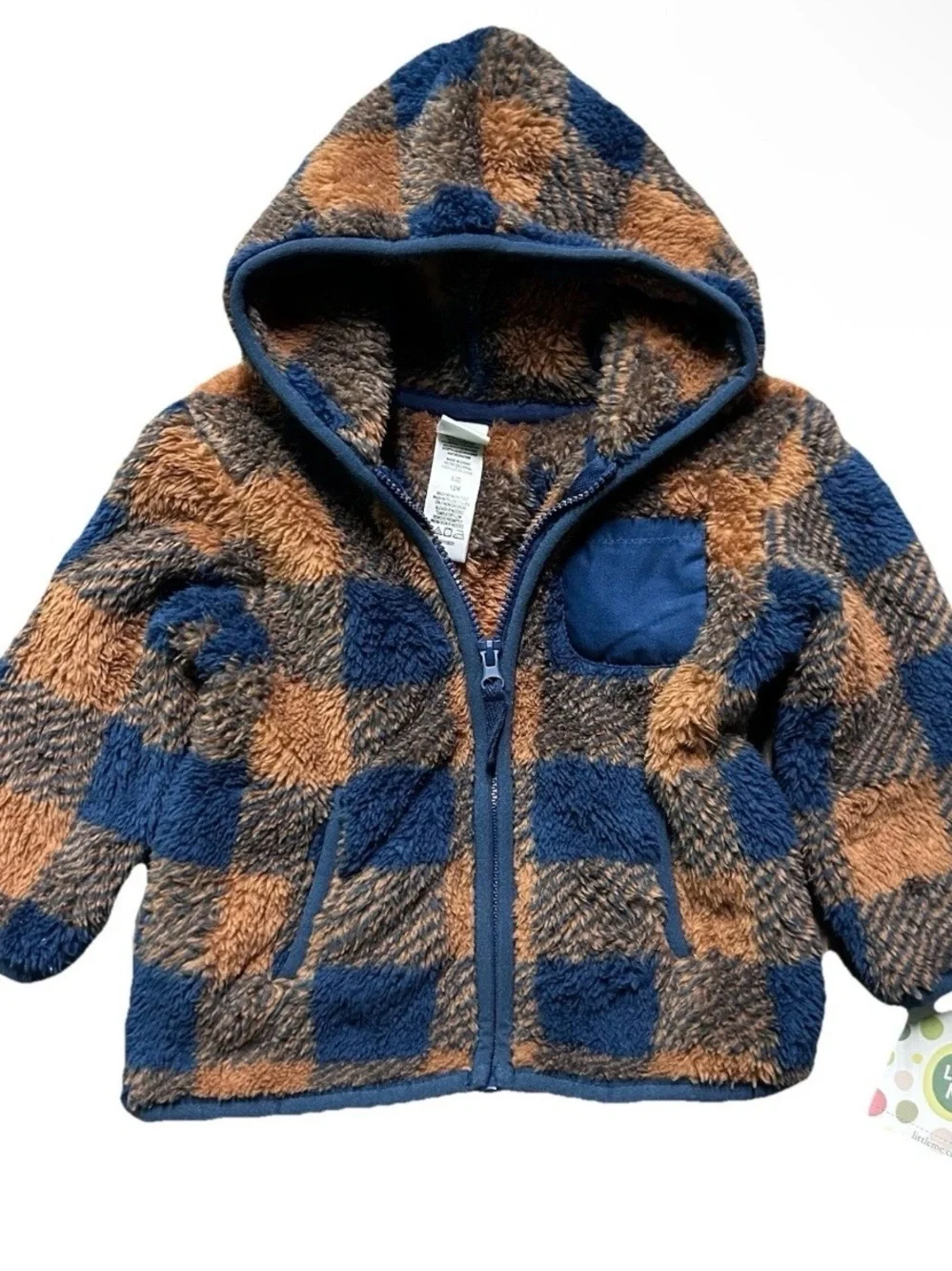 Baby Little Me Brown Blue Plaid Faux Fur Hooded Jacket Size 12 Months